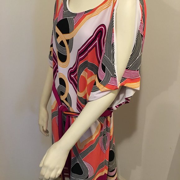 SANDRA DARREN Coral Multi Scarf Print Cold Shoulder Knee Length Dress 16 - Picture 3 of 6